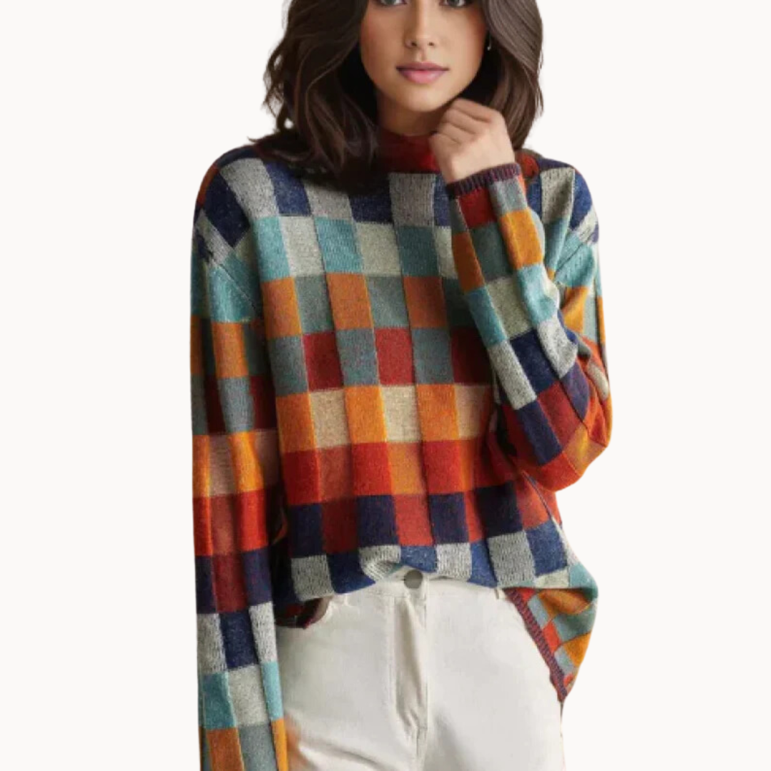 Women Cashmere Blend Patchwork Turtleneck Sweater Relaxed Fit