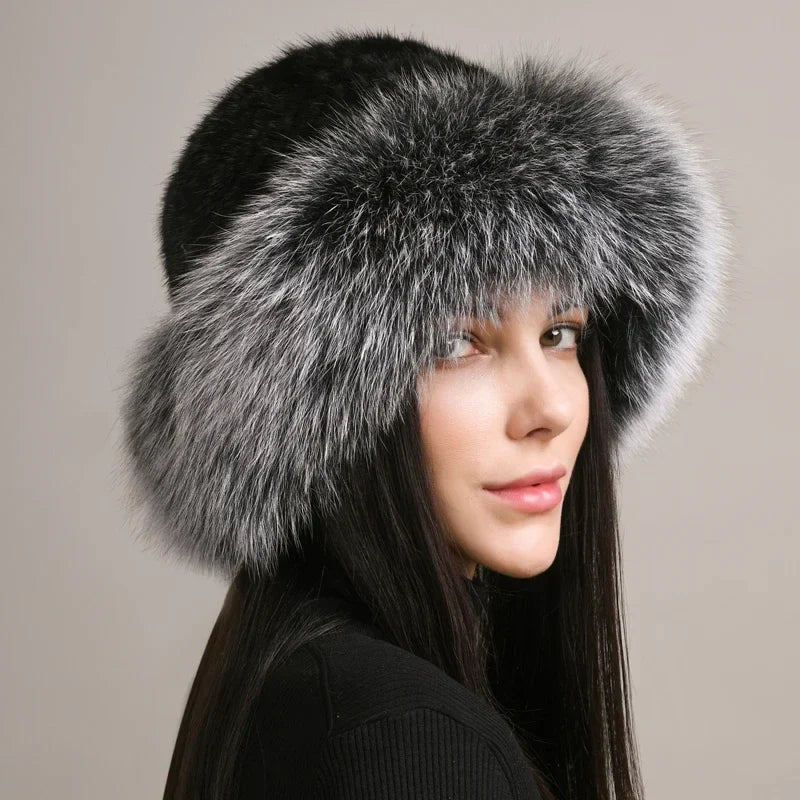 Women Knitted Faux Fur Hat Full Brim
