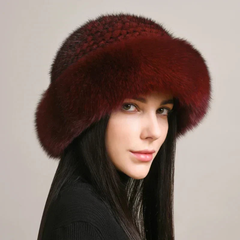 Women Knitted Faux Fur Hat Full Brim