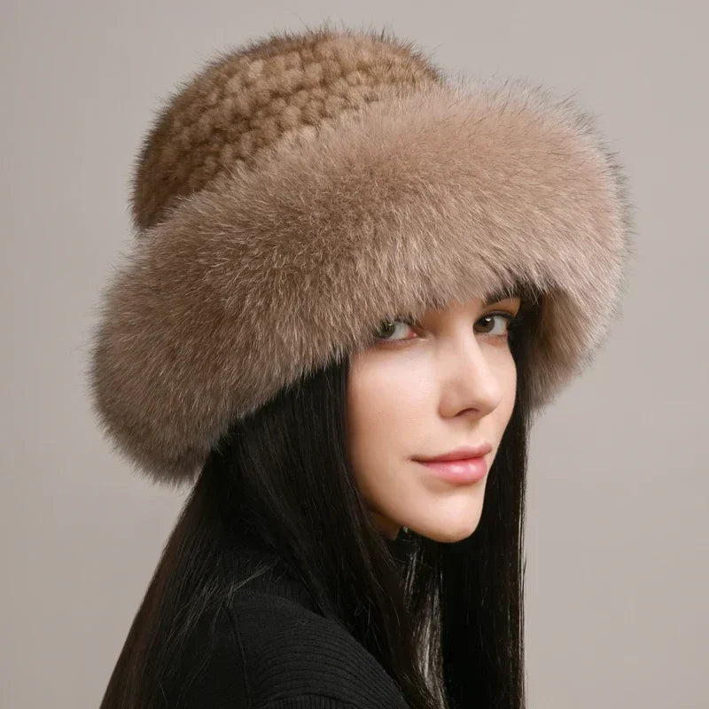 Women Knitted Faux Fur Hat Full Brim