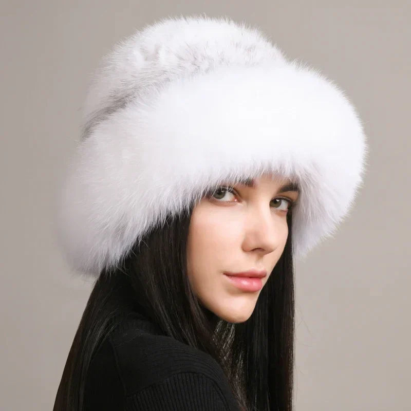Women Knitted Faux Fur Hat Full Brim