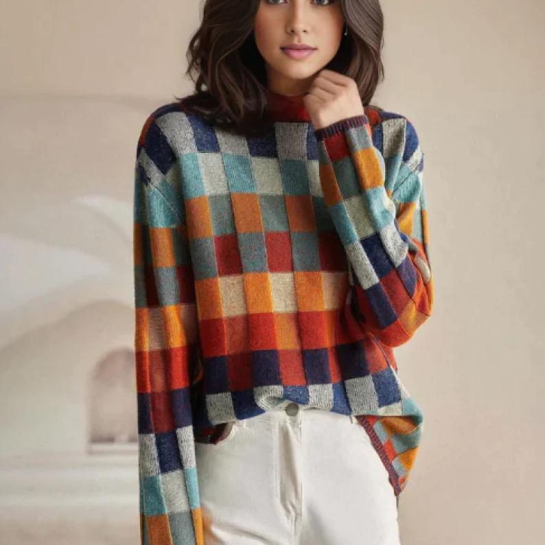 Women Cashmere Blend Patchwork Turtleneck Sweater Relaxed Fit
