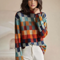 Women Cashmere Blend Patchwork Turtleneck Sweater Relaxed Fit